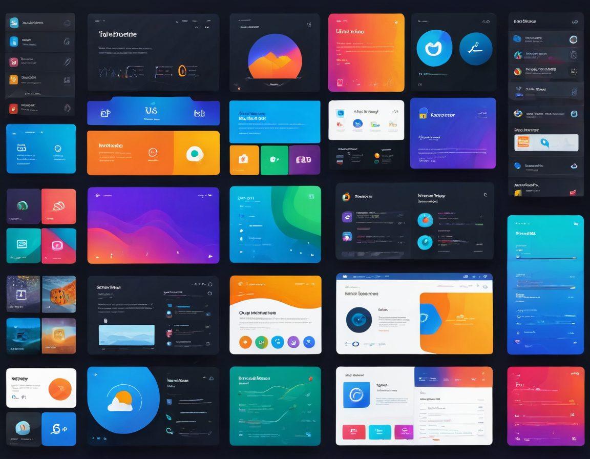 A collage of modern web browser interfaces showcasing features like tab management, dark mode, privacy settings, and bookmarks. In the background, a vibrant digital landscape with engaging colors and abstract icons representing speed, security, and user-friendliness, creating a sense of an optimized online experience. The composition should be lively and eye-catching, appealing to tech enthusiasts looking to enhance their browsing. vibrant colors. modern flat design.