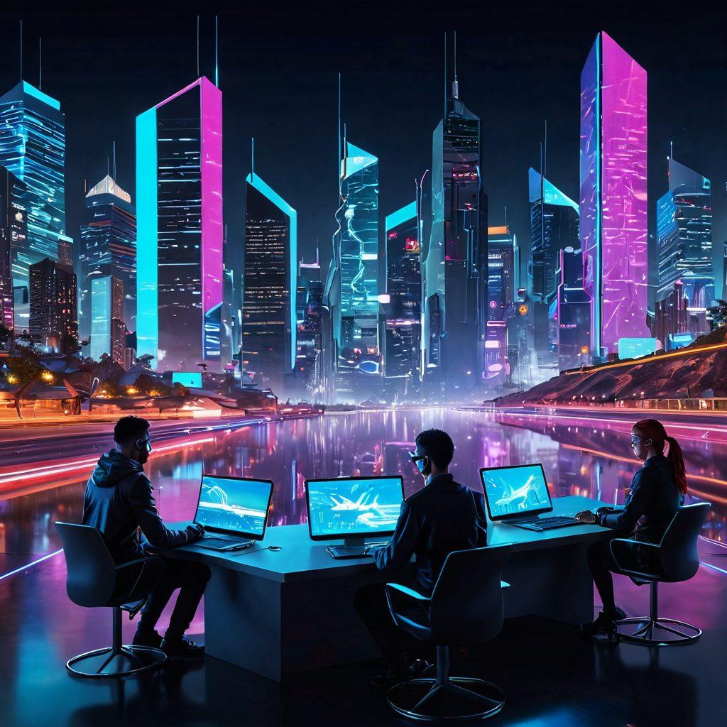 A futuristic scene depicting a diverse group of users engaged with various web browsers on sleek, high-tech devices. Each user represents different demographics, showcasing personal preferences and features like speed, security, and customization. Elements such as floating browser tabs, glowing icons, and digital pathways symbolize innovation and exploration in the digital world. The background features a vibrant cityscape merging technology and nature, hinting at a seamless future. cyberpunk. vibrant colors. high-tech. digital art.